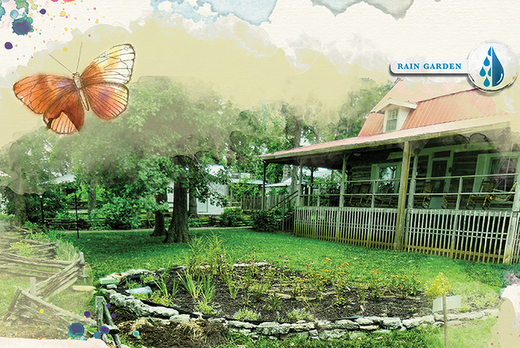 graphic of rain garden in front of a log home